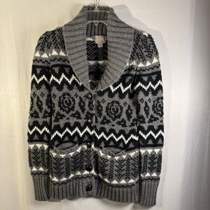 Forever 21 Women’s Shawl Collar Button Knit Cardigan Gray Black Fair Isle S/P